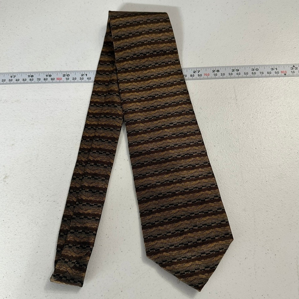 Patrick James Mens Silk Tie Brown Gold Geometric Stripe Hand Made Italy Luxury